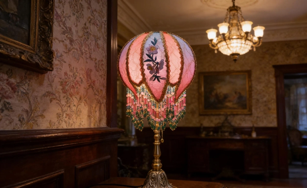 Handmade Flower-Shaped Table Lamp: Vintage Embroidered Lampshade, Brass Base, Hotel Bedroom decoration