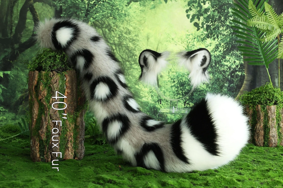 Realistic Gray White Faux fur Snow Leopard Ear and Tail Set Role Play Snow Leopard Cosplay Ear and Tail Kemonomimi Christmas Gift