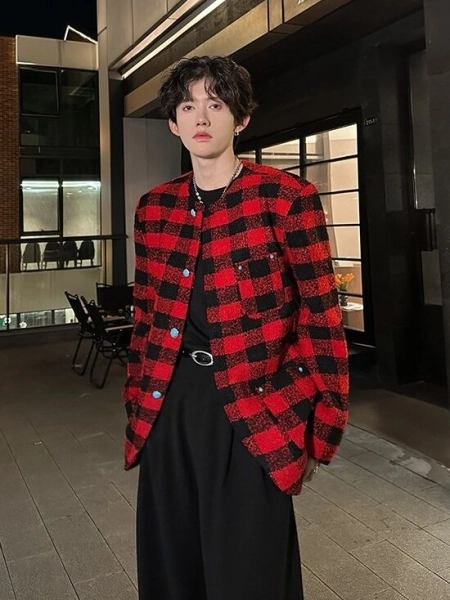Red Plaid Blazer Jacket | Felix - Stray Kids - Fashion Chingu