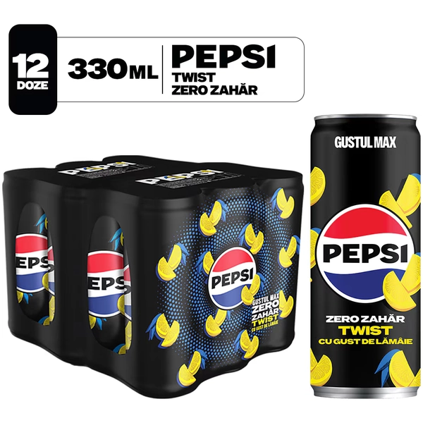 Pepsi Twist Zero Zahar, Bautura cu aroma de Cola si Suc de Lamaie, Doza, 12x330ml