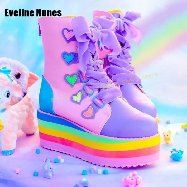 Dopamin-Schnürstiefel mit Regenbogensohle, runde Zehen, dicke Sohle, gemischte Farben, Herzdekoration, Plattform, Damen-Stiefel mit mittlerer Wade, Sommer 2025, - AliExpress 322
