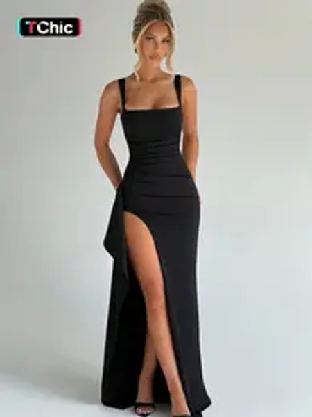 Women's Plain Backless Slip Dress with Thigh Split, Floor-Length Sleeveless Dress for Parties, Clubbing and Dates, Ladies' Elegant Sexy Clothes for All Seasons