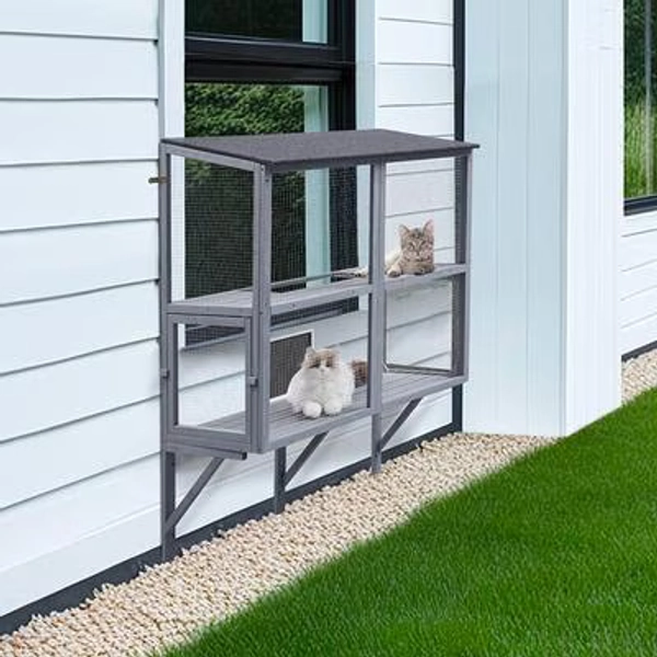 Double Deck Catio Wood Cat Window Perch, Grey