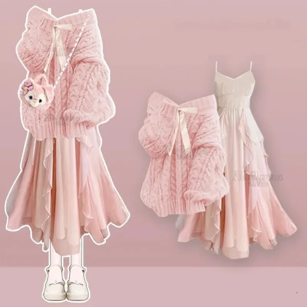 2025 Otoño/Invierno nuevo vestido coreano elegante conjunto a juego suéter de punto de moda para mujer + falda de tirantes Sexy traje de dos piezas - AliExpress 200000345