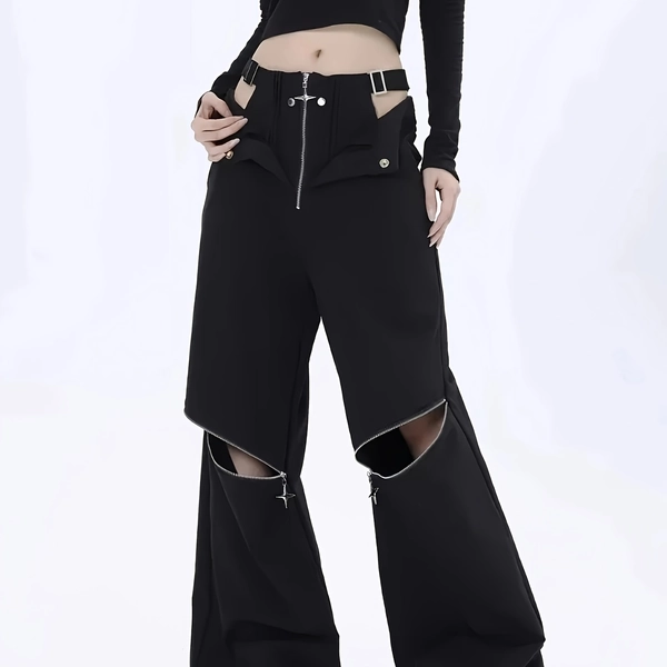A Stylish And Outfit for 2026 Featuring a Unique Black Hollow-Out Zip Design, Cool Long Pants Perfect for Women'S Holiday Gifts at a Special Discounted Price.