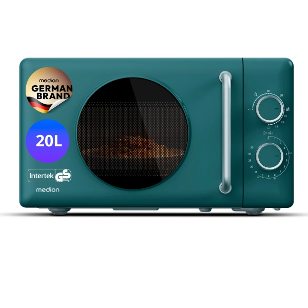 MEDION® LIFE® Retro-Mikrowelle MD 100119 petrol, 800 W Leistung, Grillfunktion, 20 L kompakt, 5 Mikrowellenstufen, Auftaufunktion, Timerfunktion, stilvolles Retro-Design