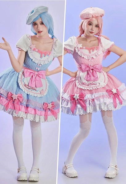 Anime Doll Derivative Cute Lolita Outfit Color-blocked Polka-dot Dress with Apron and Hat