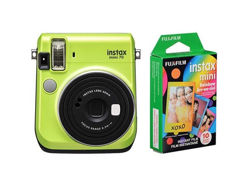 Instax Mini 70 Instant Film Camera Kiwi Green and Instax Mini Rainbow Film Value Pack 10 Images