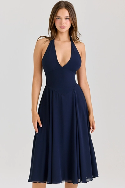 Solada Navy Georgette Halter Midi Dress