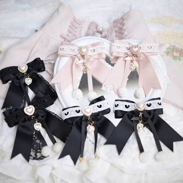 [$16.99]3 Colors Jirai Kei Heart Bow Hair Clip with Pom-pom & Rhinestone Charm