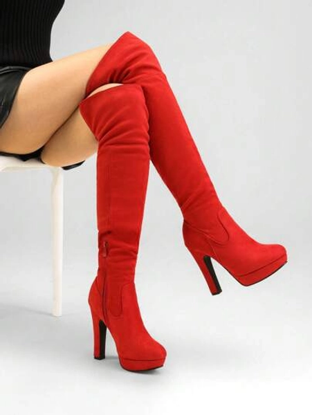 Women Chunky Heeled Over The Knee Boots Classic Suede Leather Round Toe High Heel Ultra Long Boots For Autumn & Winter Halloween Party Daily Wearing