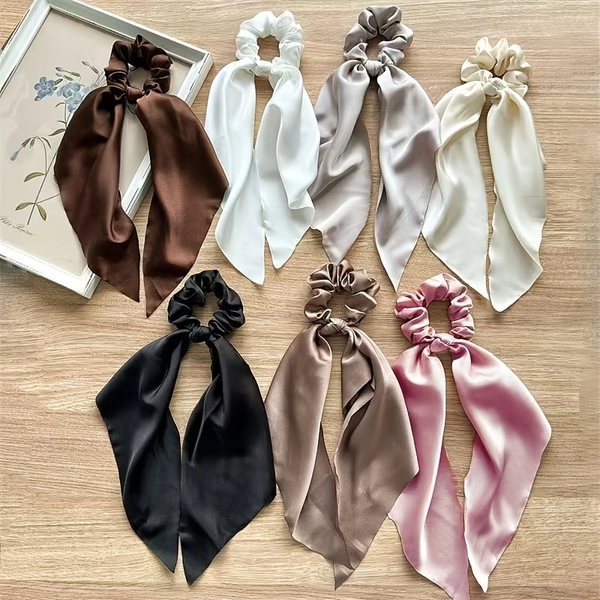 TEMU Satin Ribbon Hair Tie For Women, Elegant Solid Color Scarf Ponytail Holder, French Style Gentle Temperament Hair Accessory, Trendy New Headwear