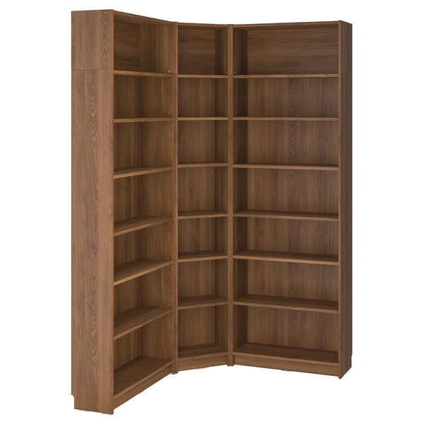BILLY Bookcase corner comb w ext units - brown walnut effect 136/136x28x237 cm (53 1/2/53 1/2x11x93 1/4 ")