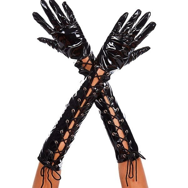 Music Legs Wet Look Ribbon Lace Up Gloves