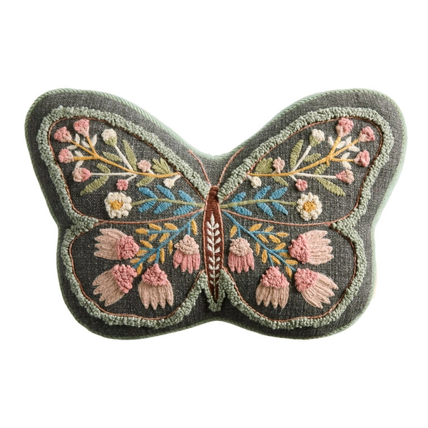 Navy Multicolor Embroidered Butterfly Shaped Pillow