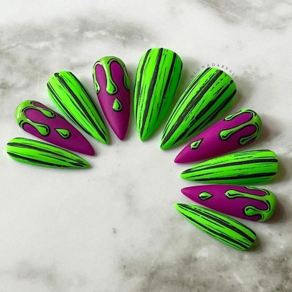 Spooky Stripes Press On Nails: Purple Green Drip, Goth Halloween Reusable False Nails