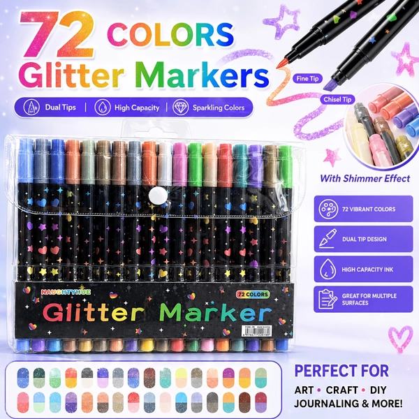 TEMU 72-color Glitter Water-based Colored Pens Suitable For Journals, Adult Coloring Books, Doodling & Calligraphy - Multicolor Markers With Closure,