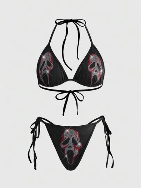 ROMWE Gothic Skull Deadpool Rhinestone Decor Wireless Lace-Up Women Lingerie Set