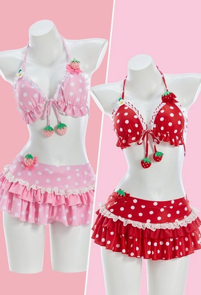 Cute Strawberry Bikini Set Retro Polka Dot Swimsuit with Bow