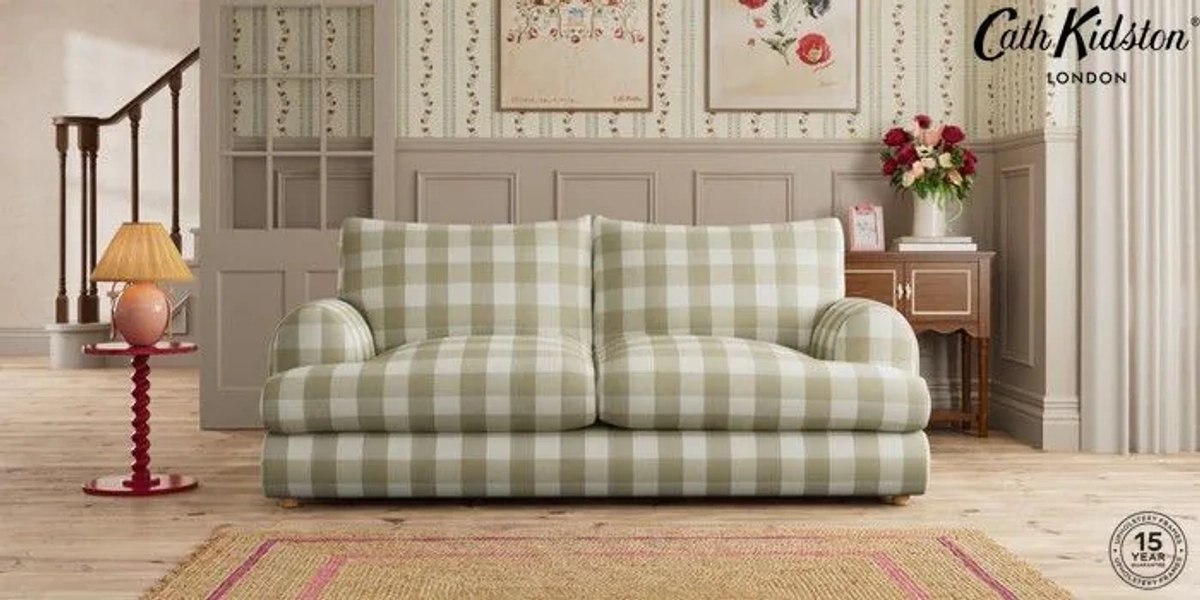 Buy Mallow by Cath Kidston 3 Seater Sofa Woven Gingham Sage Green Low Round - Light Oak from the Next UK online shop