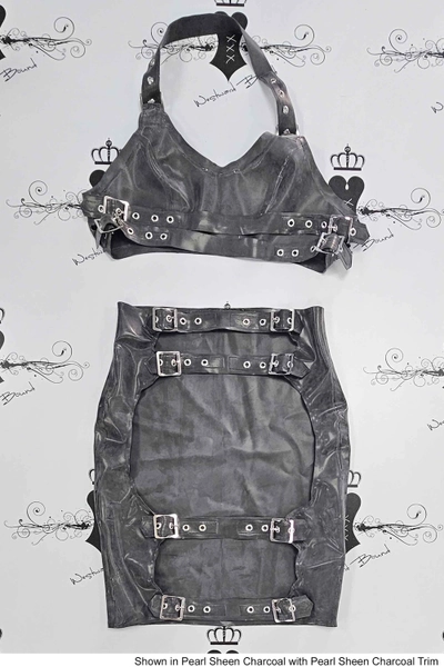 R0422 / R0423 Buckle Back Latex Bra and Skirt Set. Sizes still available: UK 32A/08, 34C/08, 34C/10, 36C/12, 38C/14