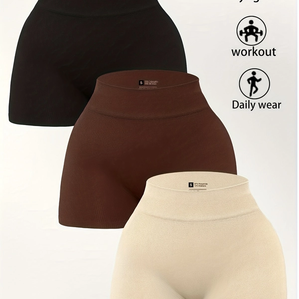Pack de Tres Shorts Deportivos Casuales de Cintura Alta y Ajuste Delgado para Mujer, de Color Sólido, para Fitness, Yoga, Ciclismo y Uso al Aire Libre