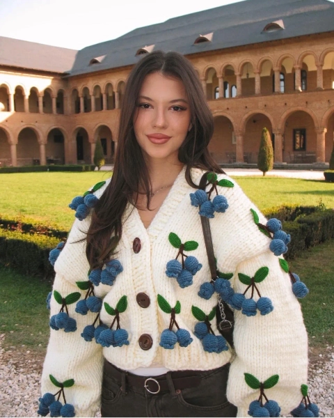 Leilayca Blueberry  Knit Cardigan , Chunky Cropped Cardigan For Woman , Vintage Sweater With Blueberries , Unique Christmas Gifts For Woman