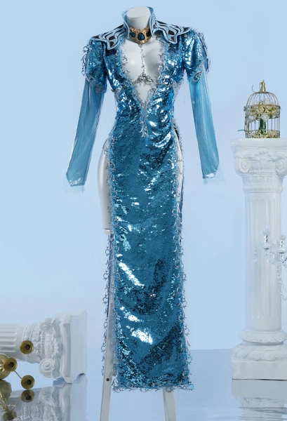 Baldur's Gate 3 Cosplay Costume Blue Long Dress with Shoulder Armor Neckpiece