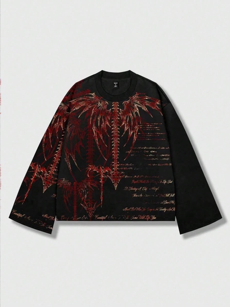 ROMWE MEN Goth Spring Casual Graphic Men'S Punk Street Style Long Sleeve T-Shirt, Suitable For Spring And Autumn Halloween, For Fall, 2000S Style