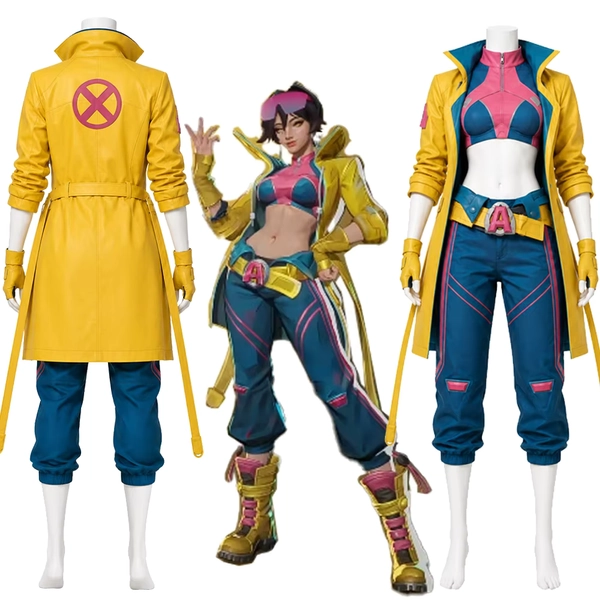 Jubilee Cosplay Costume Rivals Jubilation Lee Outfit Long‑Coat Crop‑Top Blue Jogger Pants Superhero Disguise Halloween Carnival