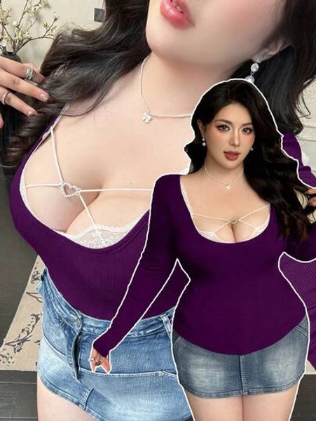 Vibekara Frühling, Herbst, Winter, Frühling/Herbst, Herbst/Winter, elegantes Spitzenbesatz Mock Neck Langarm Cover-Up T-Shirt für Frauen, figurbetont, modisches Nischen Design Patchwork Top