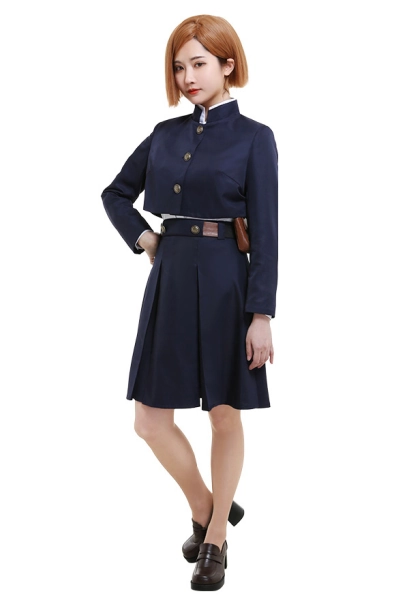 Jujitsu Fight Sorcery Fight Nobara Kugisaki Cosplay Costume Stand Up Collar Long Sleeve Uniform Shirt Coat Pleated Skirt Outfit with Bag Belt Pantyhose