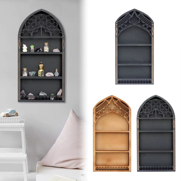Prateleira de exibição de parede de madeira, janela de igreja, suporte de pedras, prateleira de madeira preta para parede, escritório, decoração de quarto gótico - AliExpress 15