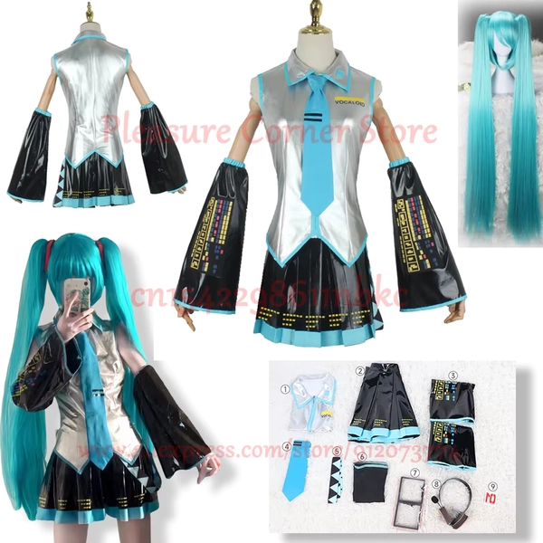 Disfraz de Miku, conjunto completo de tela de cuero plateado, traje de Miku, tocado de Cosplay, traje JK, vestido de marinero, uniforme escolar