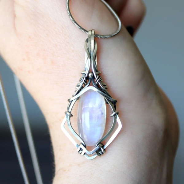 Rainbow Moonstone | .925 Sterling Silver Pendant - Wire Wrapped Crystal Necklace - Handmade Elven Jewelry - Fantasy Jewelry - Gift Idea - Etsy