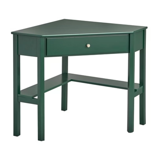 Buylateral Medford Corner Desk with Drawer Green: Pine Wood, Open Shelving, Bohemian Style