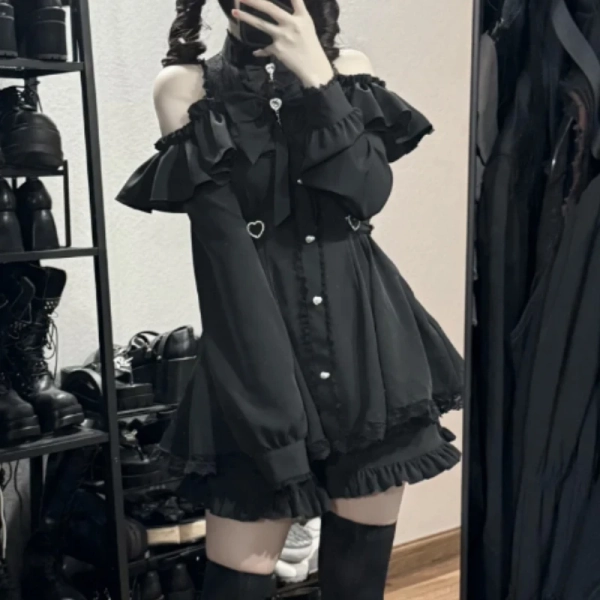 Vestido gótico japonés Y2k estilo Lolita con lazo, conjunto de pantalones cortos para mujer, camisas con botones y hombros descubiertos, vestido de fiesta ajustado y dulce - AliExpress 200000345