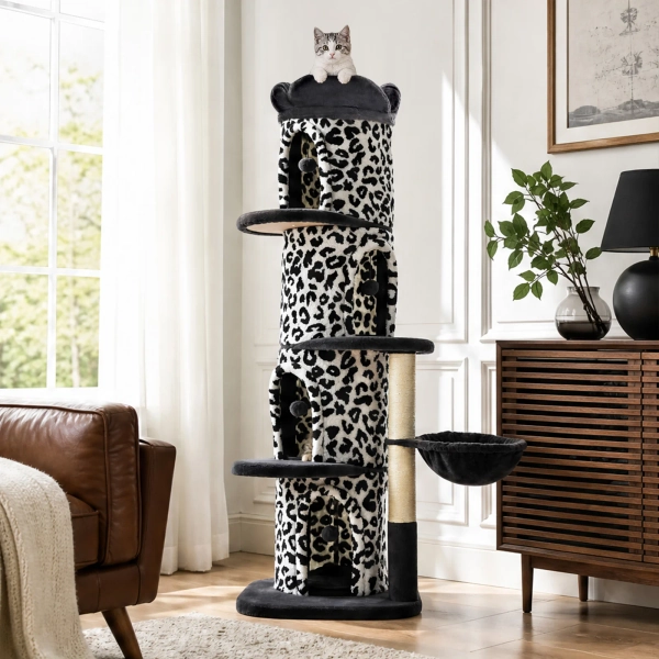 68.5" Leopard Print Cat Tree for Large Cats with Condos, Scratching Posts & Plush Bed
