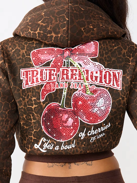 CHERRY LEOPARD SHRUNKEN ZIP HOODIE