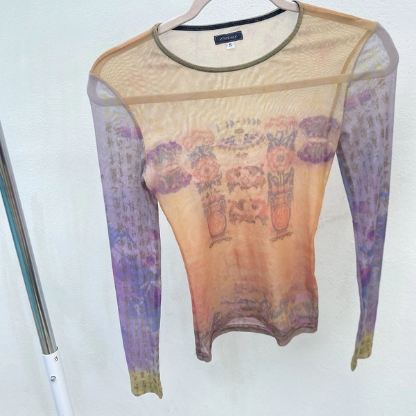 Y2K RARE GRAIL Agolde Multicolor Oriental Print Micro Mesh Top Size Small