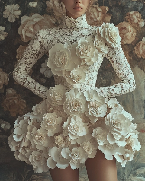 Women's Long Sleeve Lace 3D Flower Embroidery Dress