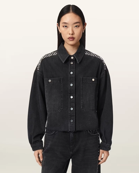 Nicky Studded Boxy Denim Jacket Washed Black | ALLSAINTS US