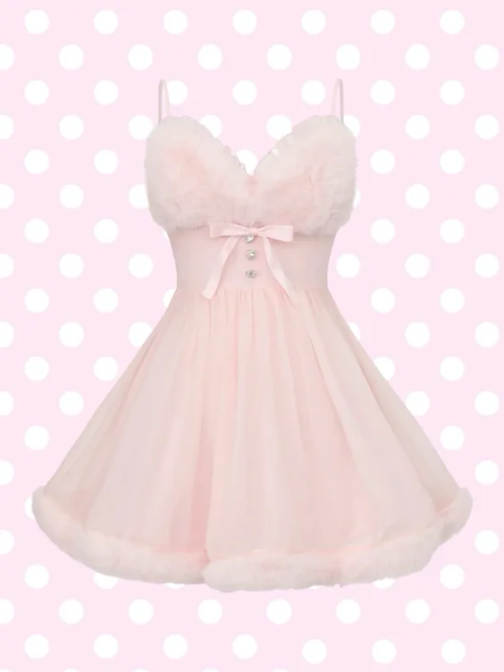 Rosé Princess Fur Chiffon Babydoll Dress
