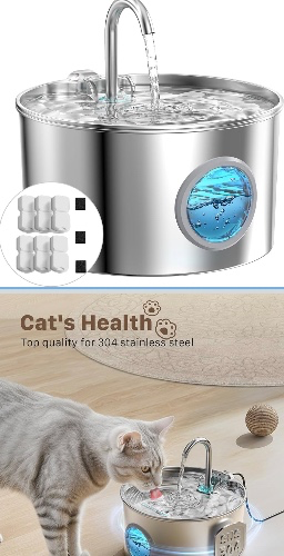 Cat Water Fountain Stainless Steel: Cat Fountain for Drinking - Pet Water Fountain for Cats Inside - 74oz/2.2L Quiet Cats Water Bowl Dispenser - Kitten Drinking Fountains - 6 Filters + 3 Sponges