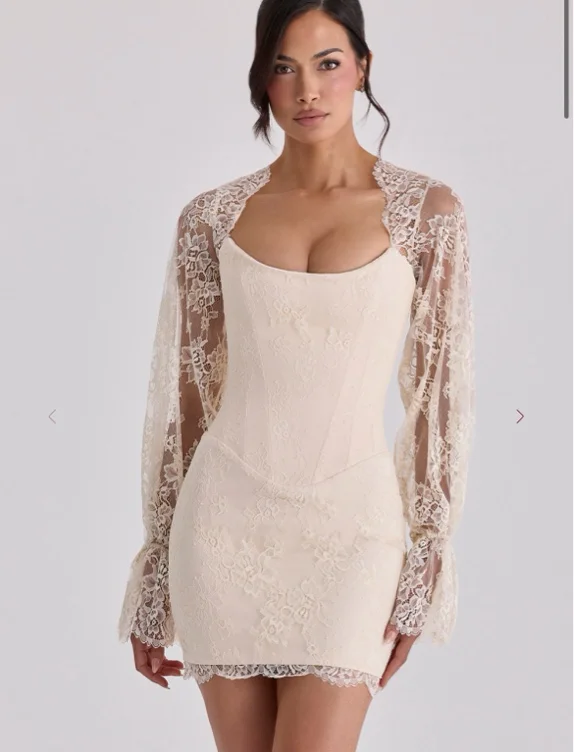 Aliana Vintage Ivory Lace Long Sleeve Mini Corset Dress