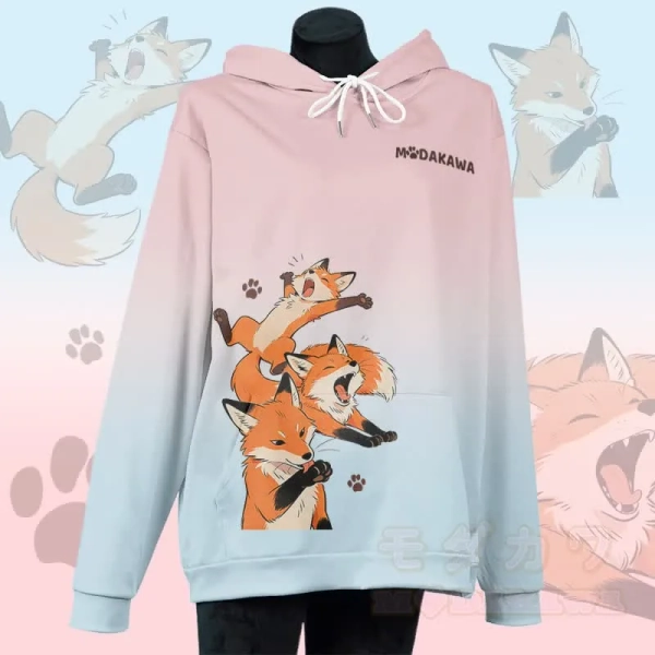 MODAKAWA Lazy Fox Graphic All Over Print Pullover Hoodie