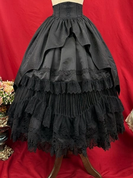 [$59.00]Gothic Lolita Black Corset Belt High Waist Curved Overlay + Layered Under Skirt