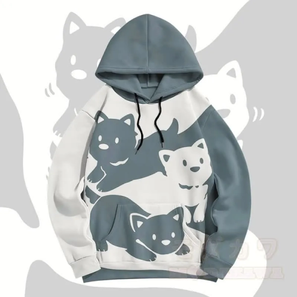 MODAKAWA Puppy Graphic Color Block All Over Print Pullover Hoodie