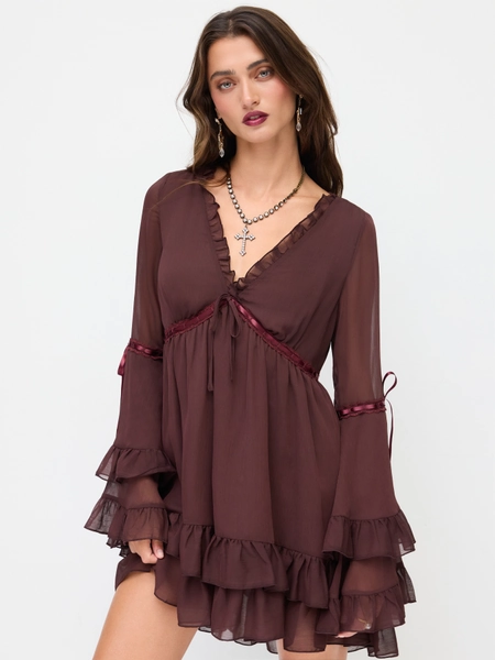 Chiffon V-neck Lettuce Trim Bowknot Ruffle Mini Dress