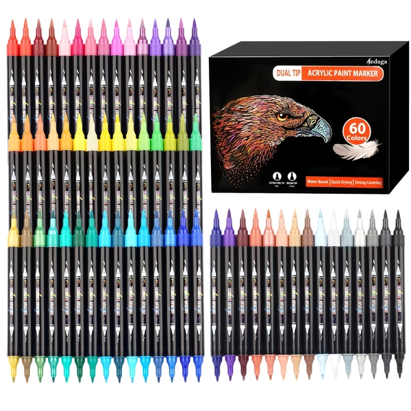 TEMU Acrylic Paint Markers, Dual Tip Acrylic Paint Markers With Brush And For Adults, Wood, Stone, Rock Painting, Glass, Ceramic , Crafts Making.